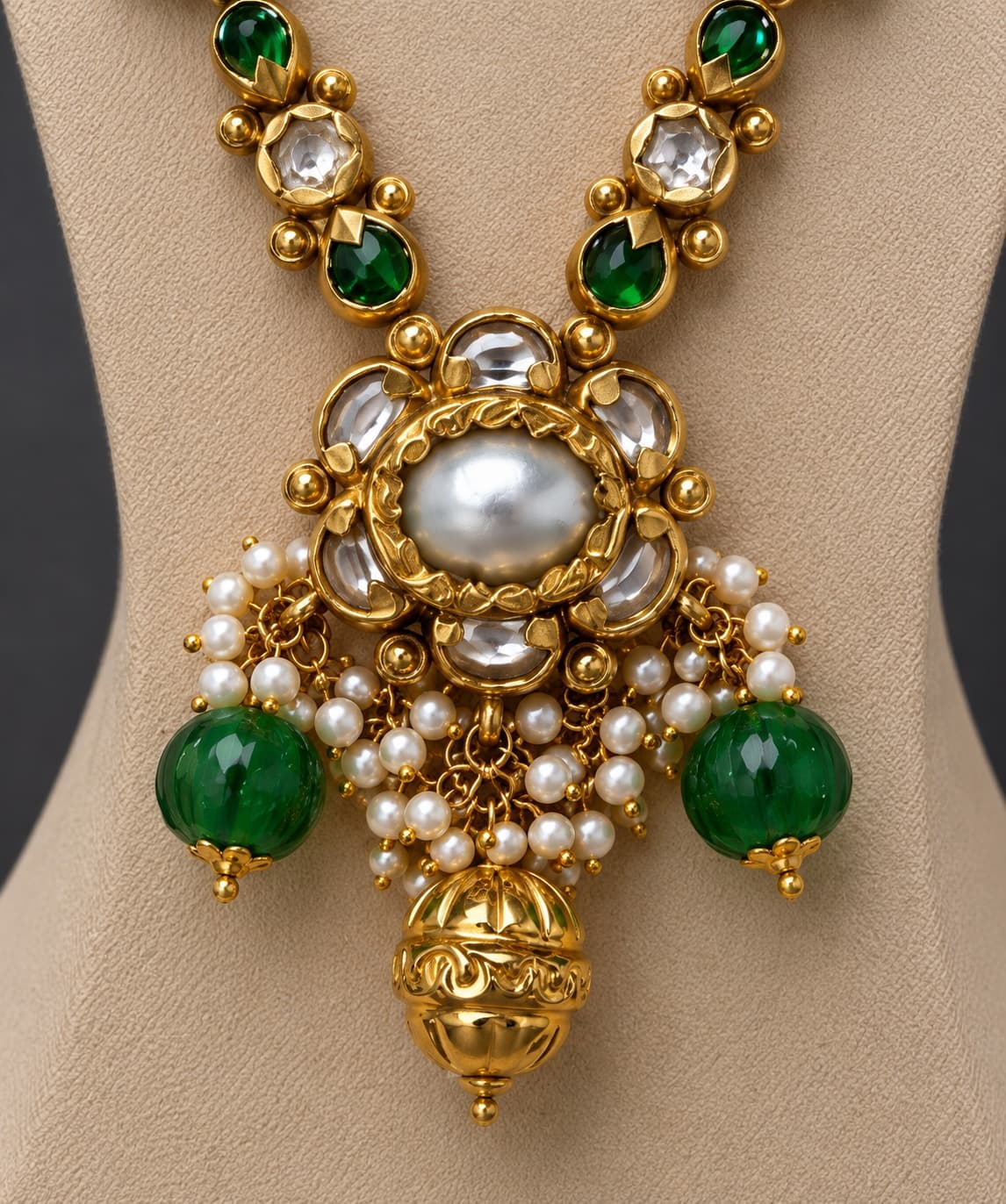 Kundan pendant with pearls and emerald beads in gold, close view